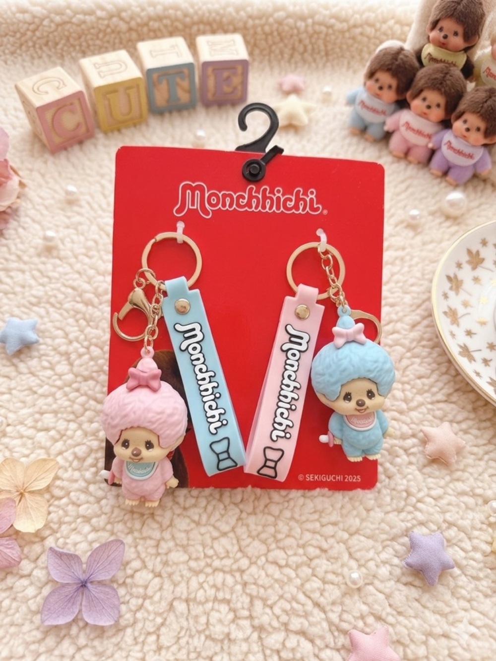 Monchhichi Pastel Pink & Blue Keychain Duo - Cute Card Holder Charms